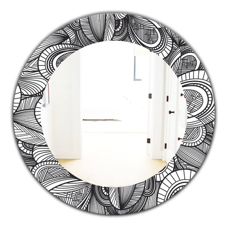 Geometric Leaves In Black and White - Traditional Mirror - Oval or Round Wall Mirror