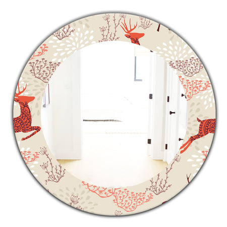 Patterned Christmas Deers - Traditional Mirror - Frameless Oval or Round Wall Mirror