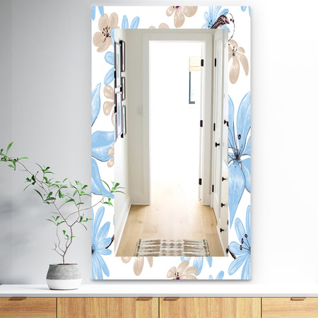 Drawing Of Blue Flowers With Little Bird - Traditional Mirror - Frameless Wall Mirror