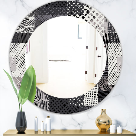Handdrawn Vintage Lines In Shades Of Gray - Bohemian and Eclectic Mirror - Oval or Round Wall Mirror