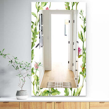 Handdrawn Painting Of Meadow With Butterflies Birds and Herbs - Traditional Mirror - Wall Mirror
