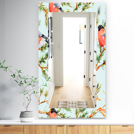 Little Bird With Red Chest On Pine Branch - Traditional Mirror - Vanity Mirror