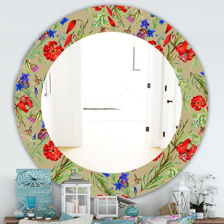 Red Purple and Little Blue Blossoming Flowers - Traditional Mirror - Frameless Oval or Round Wall Mirror