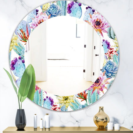 Blossoming Cactus With Tropical Flower - Bohemian and Eclectic Mirror - Oval or Round Wall Mirror