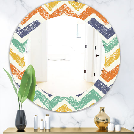 Retro Chevron In Orange Blue and Yellow - Bohemian and Eclectic Mirror - Frameless Oval or Round Wall Mirror