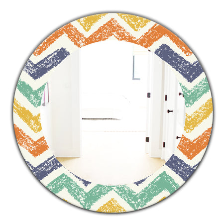 Retro Chevron In Orange Blue and Yellow - Bohemian and Eclectic Mirror - Frameless Oval or Round Wall Mirror