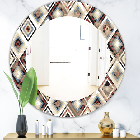 Vintage Diamond Pattern In Blue and Brown - Bohemian and Eclectic Mirror - Oval or Round Wall Mirror