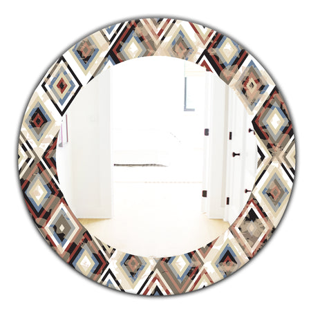 Vintage Diamond Pattern In Blue and Brown - Bohemian and Eclectic Mirror - Oval or Round Wall Mirror