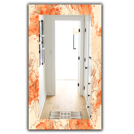Handdrawn Asian Flowers With Orange Watercolor - Traditional Mirror - Wall Mirror