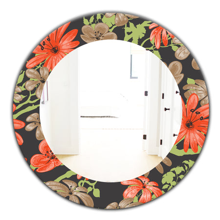 Red and Brown Flowers With Of Green Branches - Traditional Mirror - Frameless Oval or Round Wall Mirror