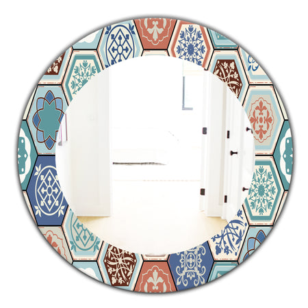 Light Blues and Tan - Mid-Century Mirror - Oval or Round Wall Mirror