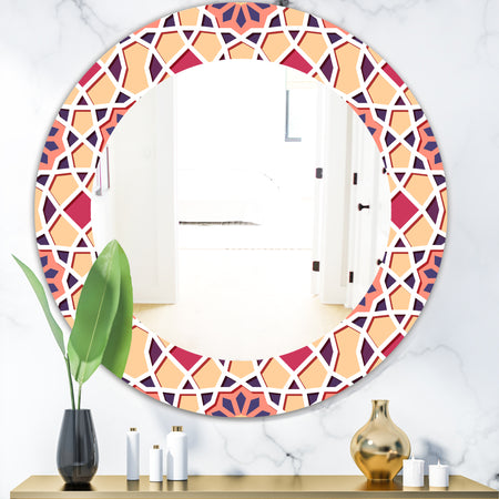 Pink Geometric Flower - Mid-Century Mirror - Frameless Oval or Round Wall Mirror