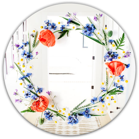 Orange and Blue Flowers - Cabin and Lodge Mirror - Round Decorative Mirror