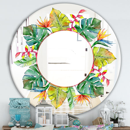 Tropical HawaII Leaves In A Watercolor Style. - Cabin and Lodge Mirror - Oval or Round Decorative Mirror