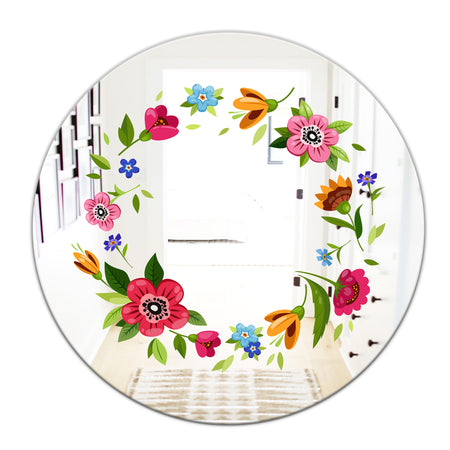 Cartoon Wreath With Flowers - Farmhouse Mirror - Oval or Round Decorative Mirror