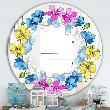 Yellow Blue and Pink Orchids - Cabin and Lodge Mirror - Oval or Round Wall Mirror