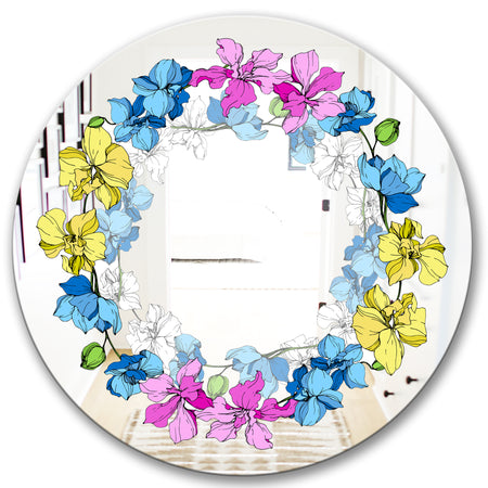 Yellow Blue and Pink Orchids - Cabin and Lodge Mirror - Oval or Round Wall Mirror