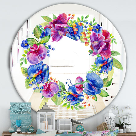 Blue Wreath Flower - Farmhouse Mirror - Oval or Round Wall Mirror