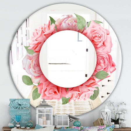 Pink Roses Leaves - Farmhouse Mirror - Oval or Round Wall Mirror