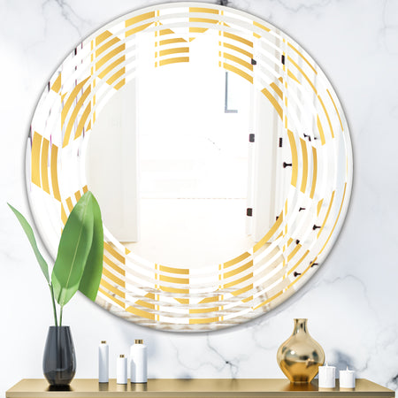 Gold and White Geometric Pattern I - Modern Round or Oval Wall Mirror - Wave