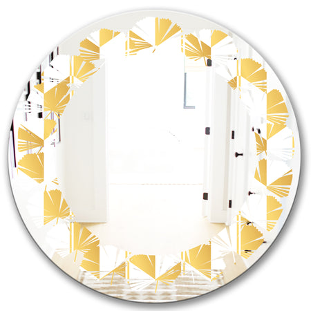 Gold and White Geometric Pattern I - Modern Round or Oval Wall Mirror - Leaves