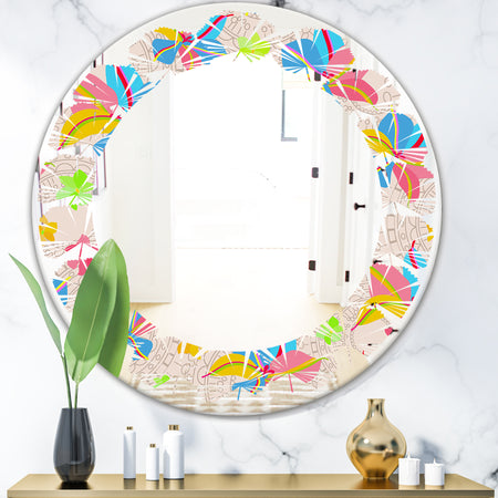 Retro Pink Yellow Flowers - Modern Round or Oval Wall Mirror - Leaves