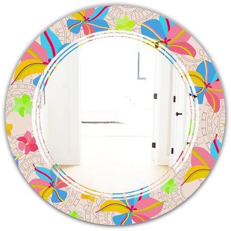Retro Pink Yellow Flowers - Modern Round or Oval Wall Mirror - Triple C