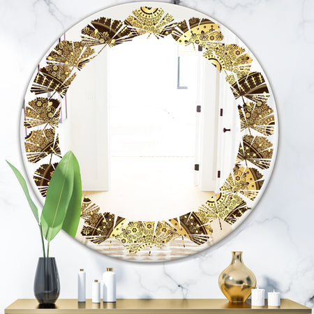 Golden Circular Pattern I - Modern Round or Oval Wall Mirror - Leaves