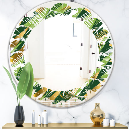 Triangular Gold and Green Design I - Modern Round or Oval Wall Mirror - Leaves
