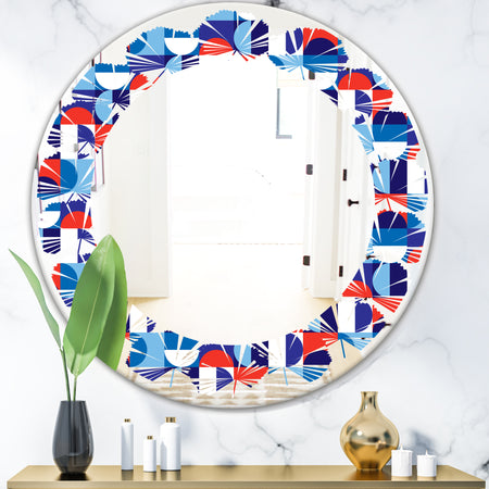 Blue, Red & White Polka Dots - Modern Round or Oval Wall Mirror - Leaves