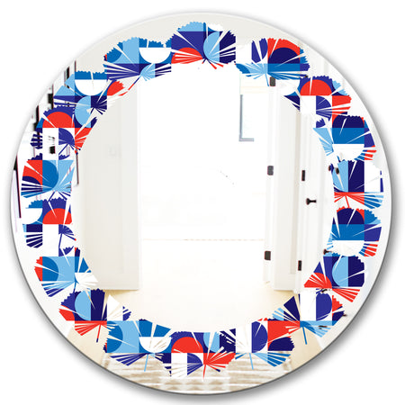 Blue, Red & White Polka Dots - Modern Round or Oval Wall Mirror - Leaves