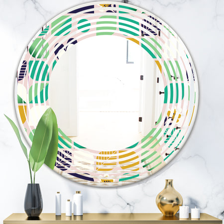 geometric pattern with leaves and flowers - Modern Round or Oval Wall Mirror - Wave