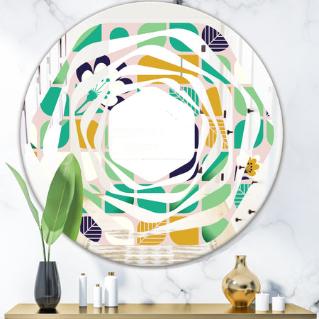geometric pattern with leaves and flowers - Modern Round or Oval Wall Mirror - Whirl