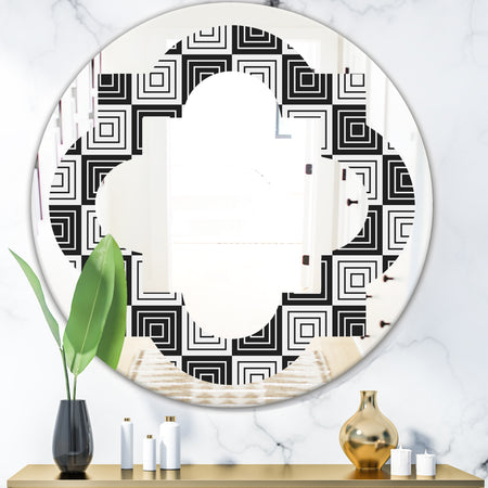 Monochrome Geometric Pattern XI - Modern Round or Oval Wall Mirror - Quatrefoil