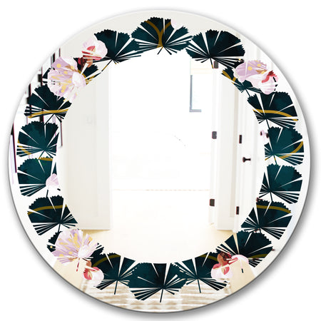 Retro Pink Flower Pattern II - Cottage Round or Oval Wall Mirror - Leaves