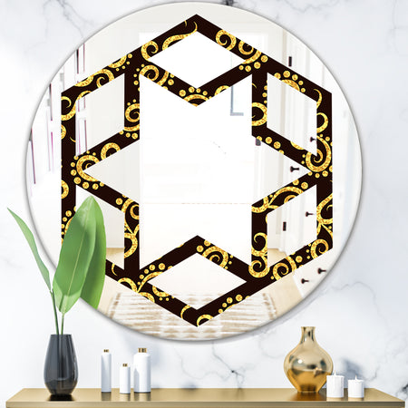 Gold and Black Swirl II - Modern Round or Oval Wall Mirror - Hexagon Star