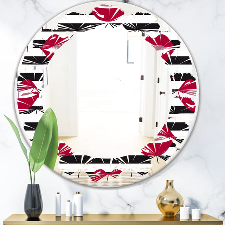 Red Lips Fashion Pattern - Modern Round or Oval Wall Mirror - Leaves