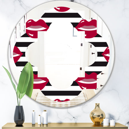 Red Lips Fashion Pattern - Modern Round or Oval Wall Mirror - Quatrefoil
