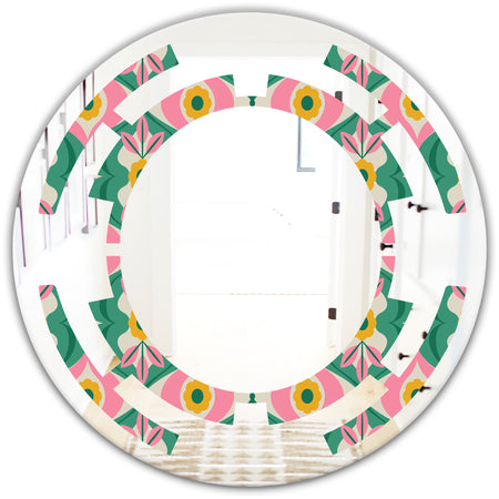 retro pattern with flowers and leaves - Modern Round or Oval Wall Mirror - Space