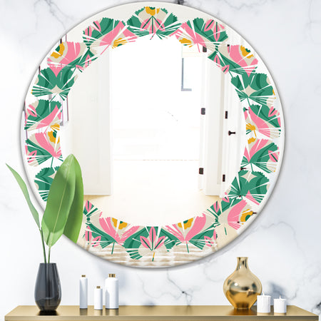 retro pattern with flowers and leaves - Modern Round or Oval Wall Mirror - Leaves