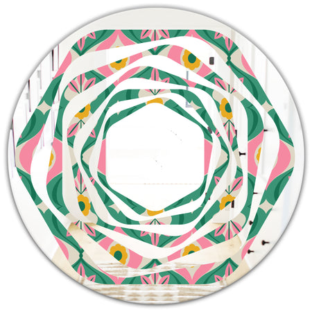 retro pattern with flowers and leaves - Modern Round or Oval Wall Mirror - Whirl