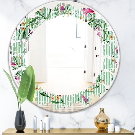 Floral Botanical Retro IX - Modern Round or Oval Wall Mirror - Leaves