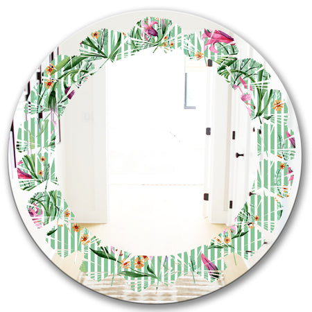 Floral Botanical Retro IX - Modern Round or Oval Wall Mirror - Leaves