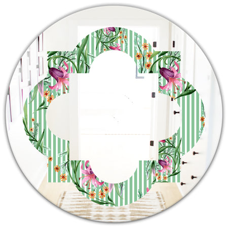 Floral Botanical Retro IX - Modern Round or Oval Wall Mirror - Quatrefoil
