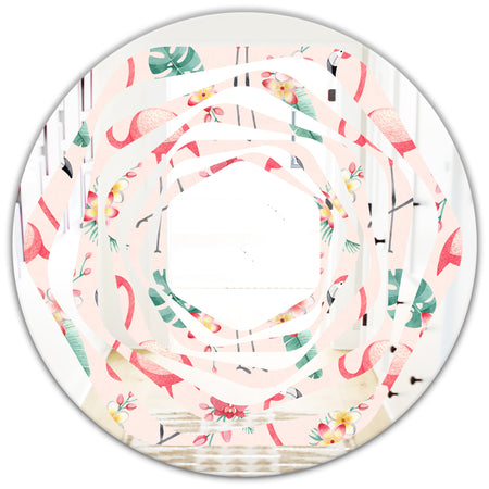 Tropical Botanicals, Flowers and Flamingo II - Modern Round or Oval Wall Mirror - Whirl