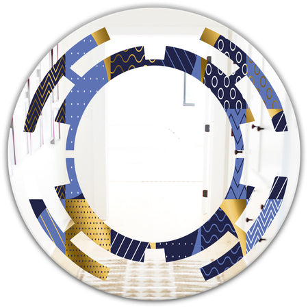 Retro Luxury Waves In Gold and Blue IV - Modern Round or Oval Wall Mirror - Space