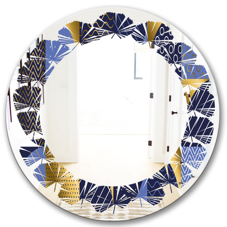 Retro Luxury Waves In Gold and Blue IV - Modern Round or Oval Wall Mirror - Leaves