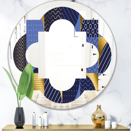 Retro Luxury Waves In Gold and Blue IV - Modern Round or Oval Wall Mirror - Quatrefoil