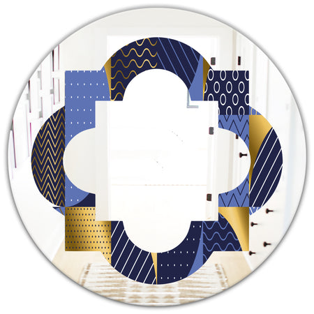 Retro Luxury Waves In Gold and Blue IV - Modern Round or Oval Wall Mirror - Quatrefoil