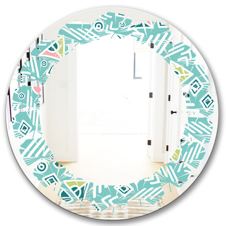 Pastel Tribal Retro Pattern - Modern Round or Oval Wall Mirror - Leaves
